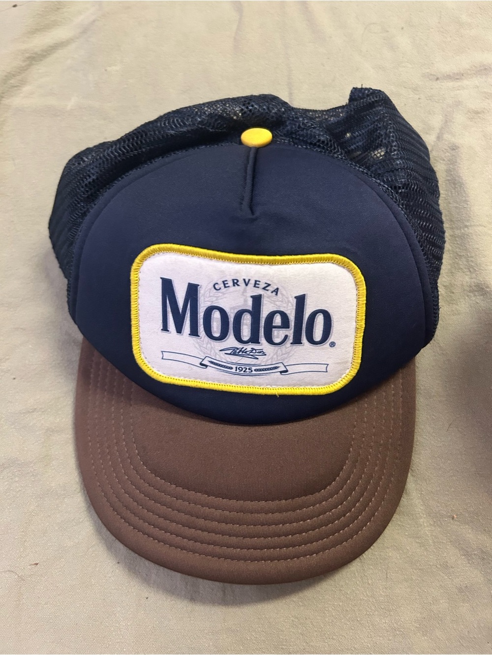 Vintage Modelo Beer Navy and Brown Trucker Hat with Yellow Accent